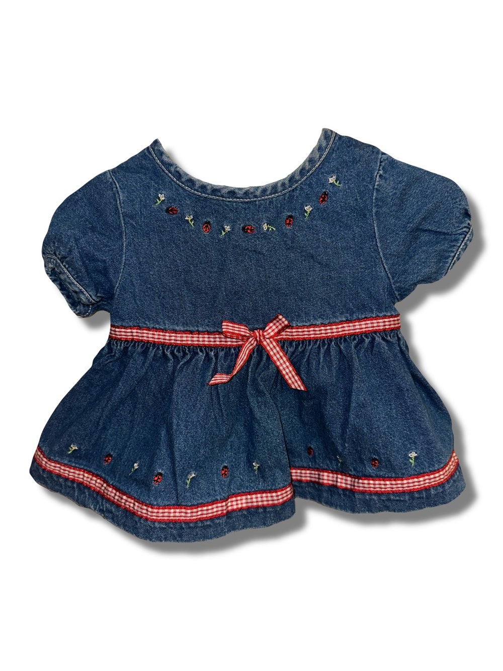 Vtg Cotton Embroidered Ladybug Denim Dress